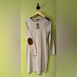 Ralph Lauren Taupe Crewneck Dress with Suede Brown Elbow Accents NWT